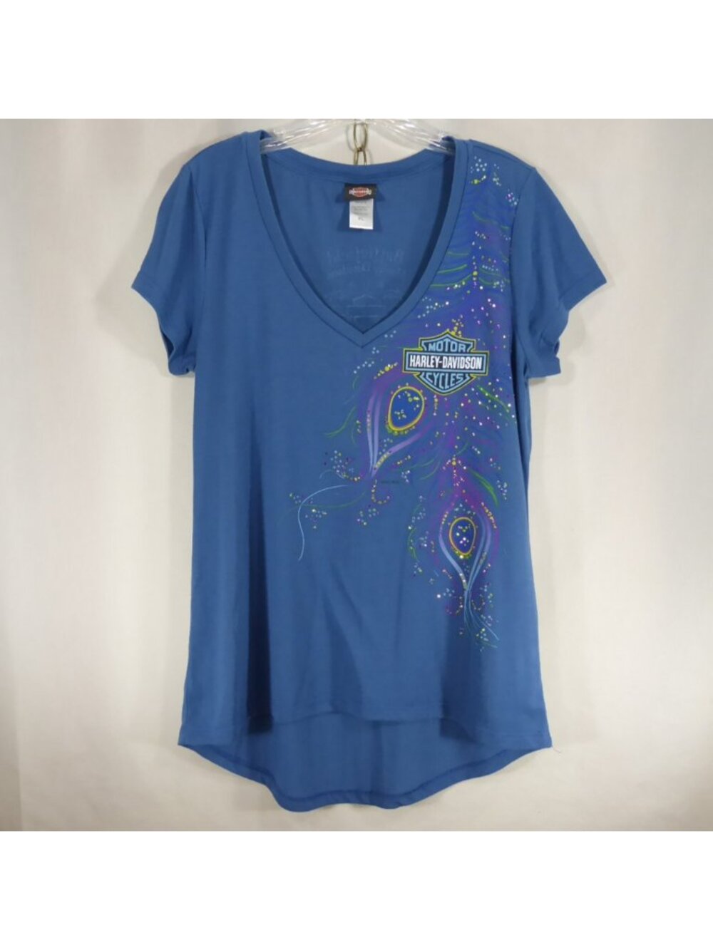 Harley Davidson Womens XL Blue V-Neck T-Shirt Rhinestone Peacock Gettysburg PA